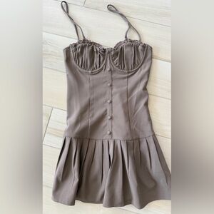 Brown Drop-waist Pleated Dress with Spaghetti Straps